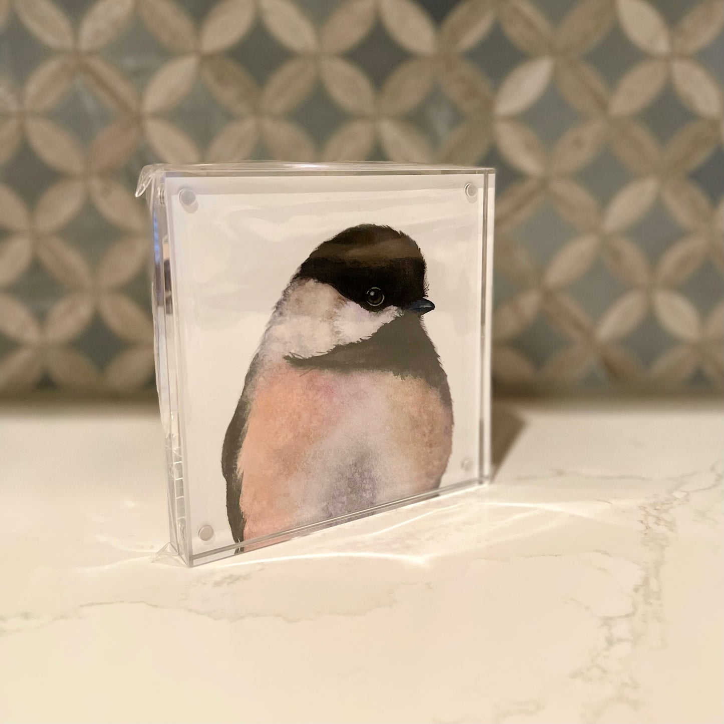 Chloe the Chickadee Watercolor Art in Acrylic Block Frame – 5x5 Fine Art Print by Award-Winning Artist