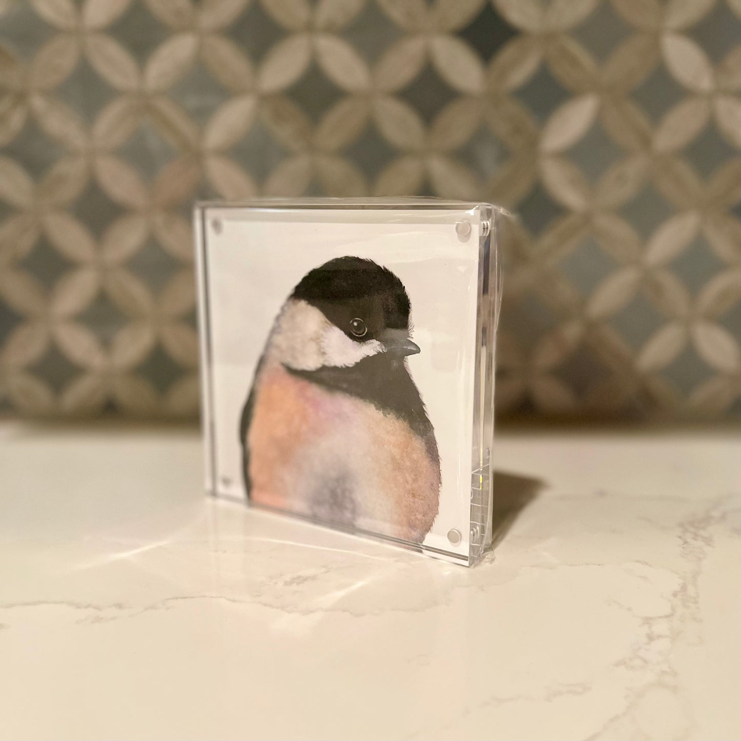 Chloe the Chickadee Watercolor Art in Acrylic Block Frame – 5x5 Fine Art Print by Award-Winning Artist