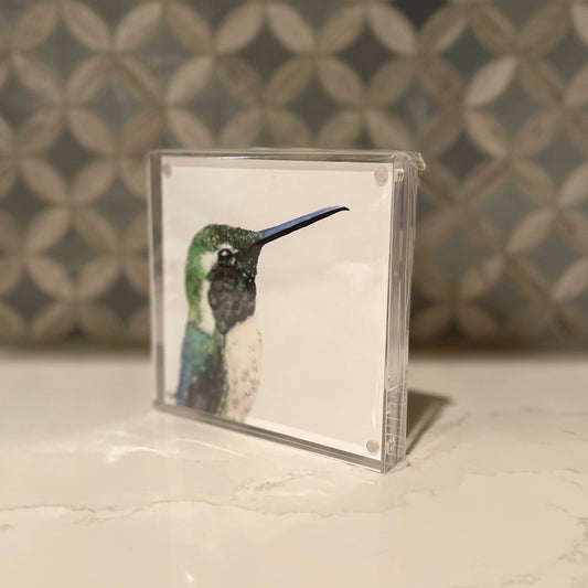 Emerald Hummingbird Watercolor Art in Acrylic Block Frame – 5x5 Fine Art Print