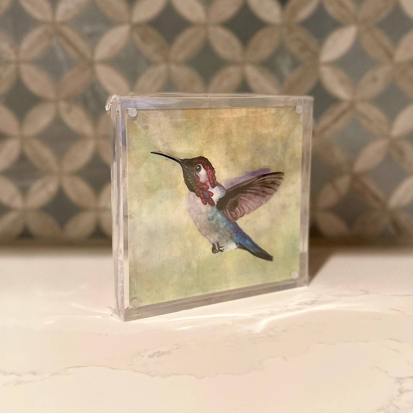 Bee Hummingbird Acrylic Block Art – 5x5 Watercolor Print in Magnetic Frame – Signed & Titled Fine Art by Award-Winning Artist