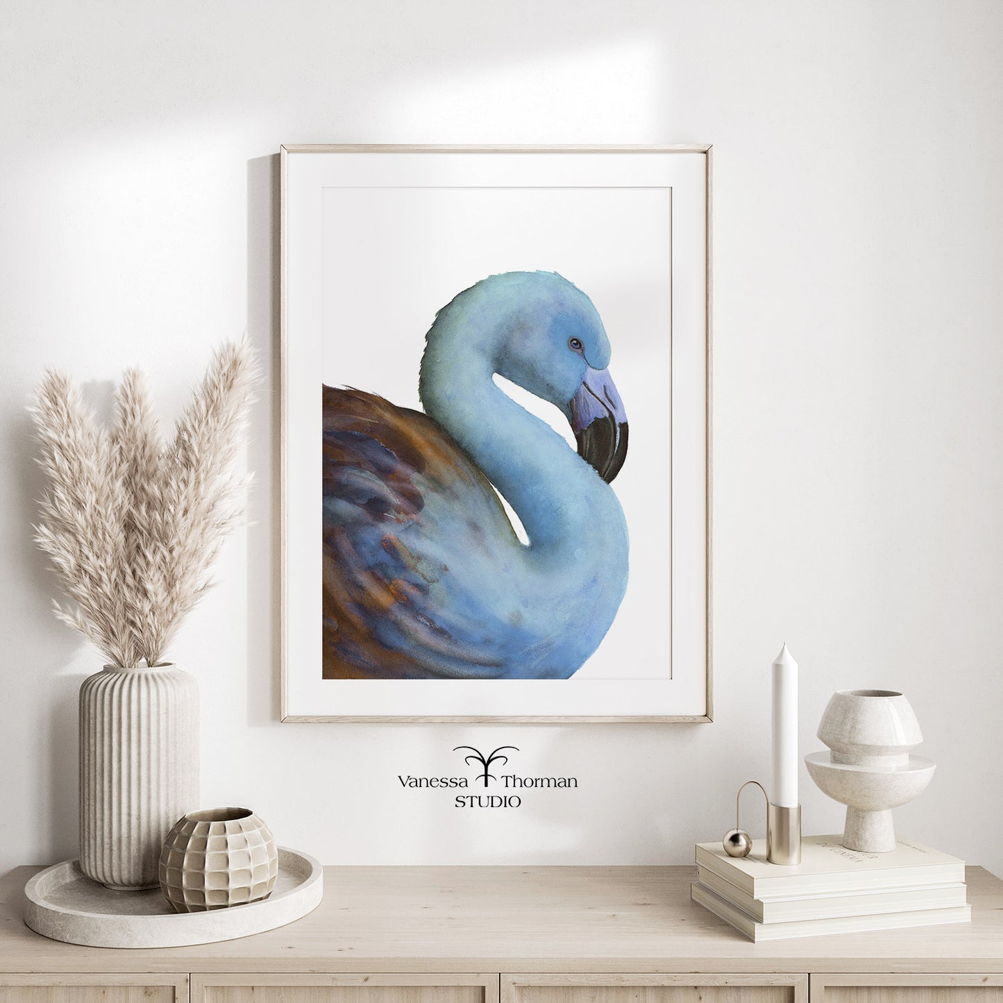 Blue Flamingo Watercolor Fine Art Print