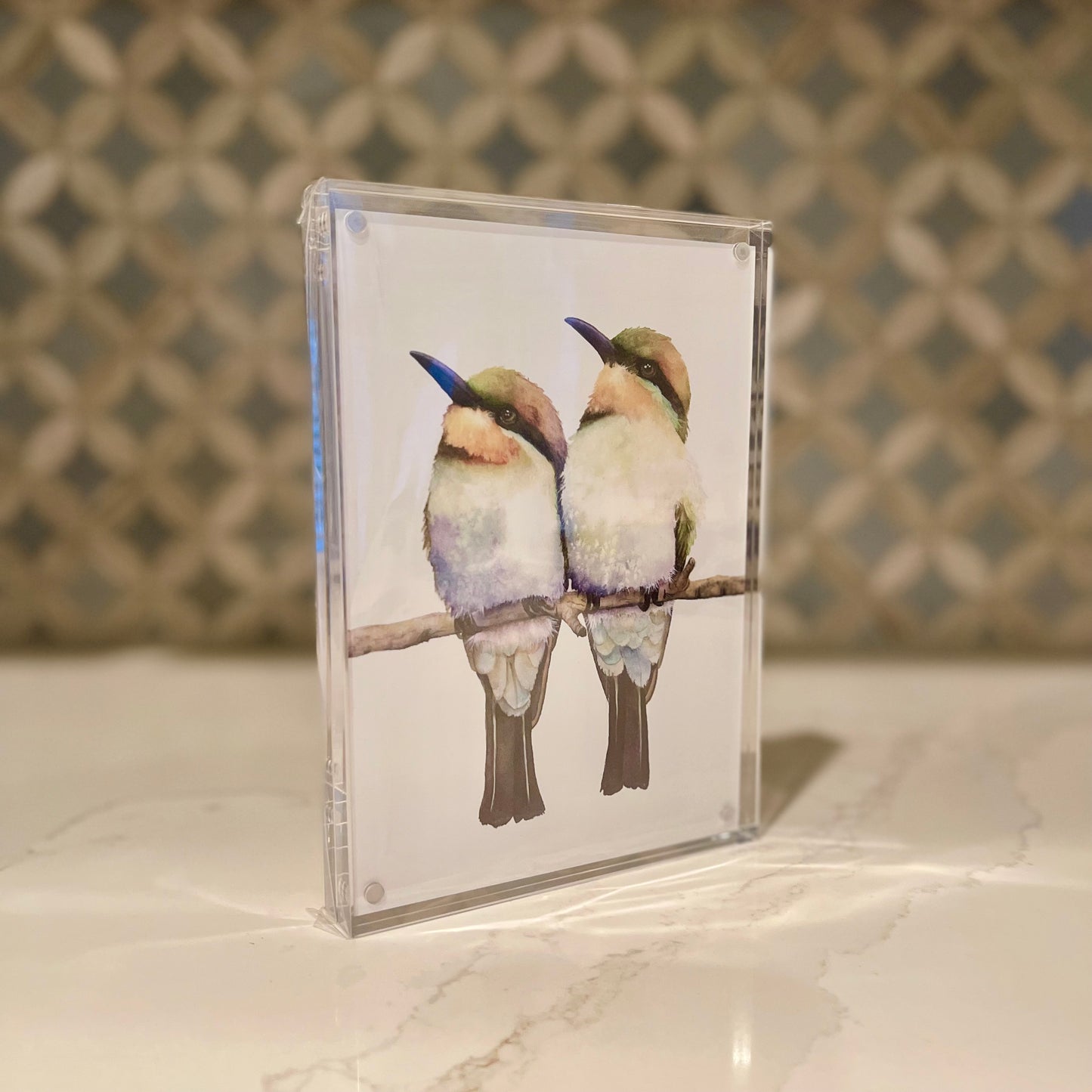 Birds of a Feather Watercolor Art in Acrylic Block Frame – 5x7 Fine Art Print of Bee-Eaters by Award-Winning Artist