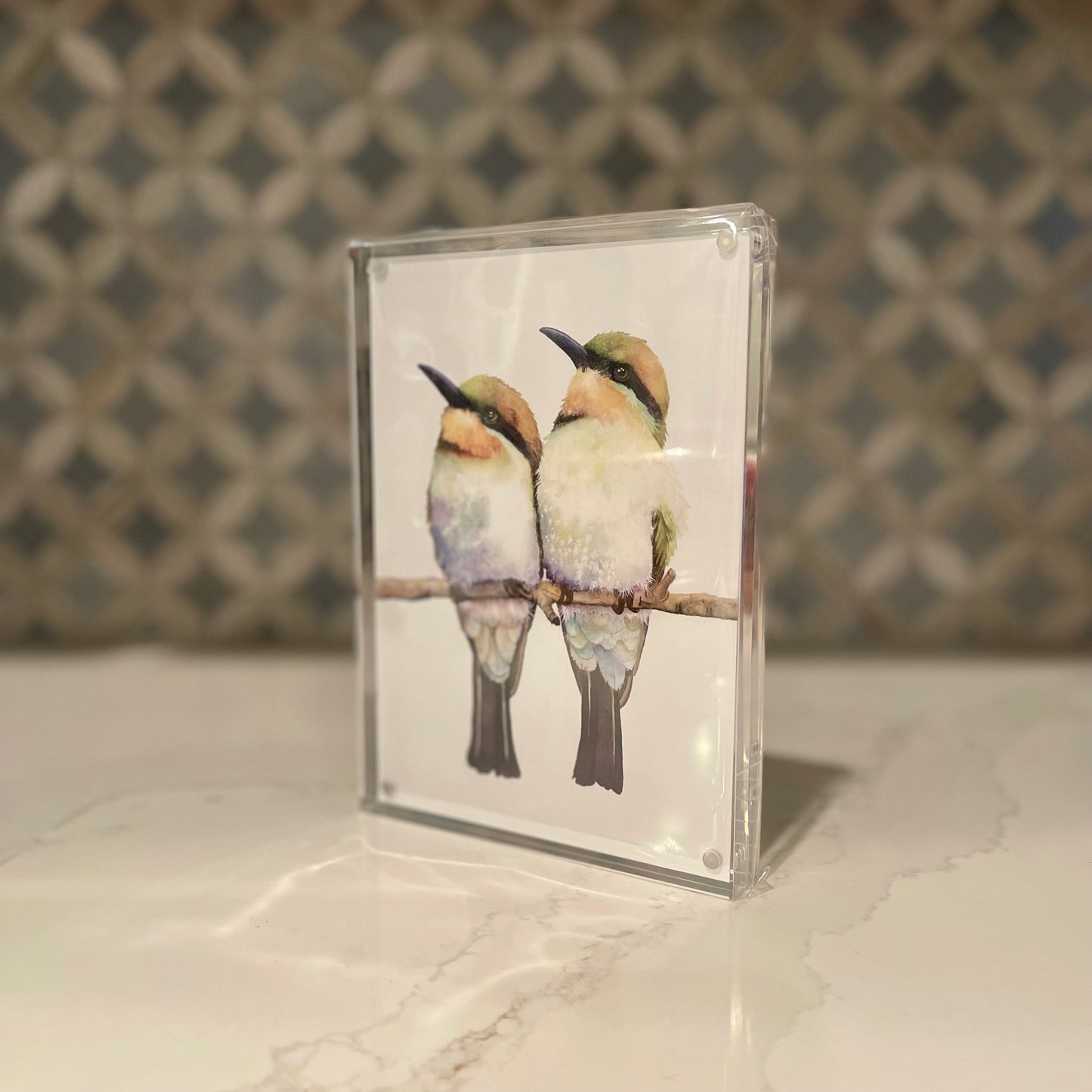 Birds of a Feather Watercolor Art in Acrylic Block Frame – 5x7 Fine Art Print of Bee-Eaters by Award-Winning Artist