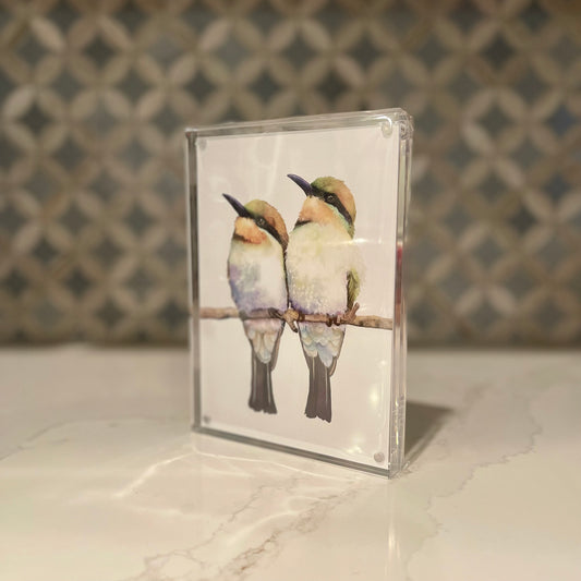 Birds of a Feather Watercolor Art in Acrylic Block Frame – 5x7 Fine Art Print of Bee-Eaters