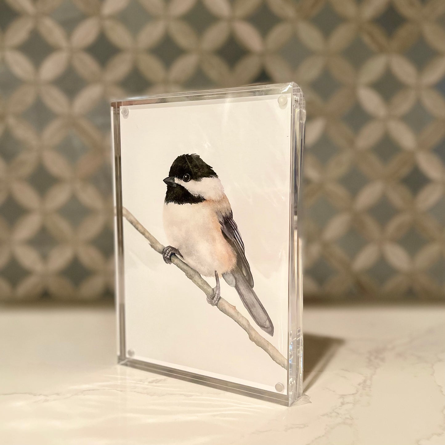Carolina Chickadee Watercolor Art in Acrylic Block Frame – 5x7 Fine Art Print