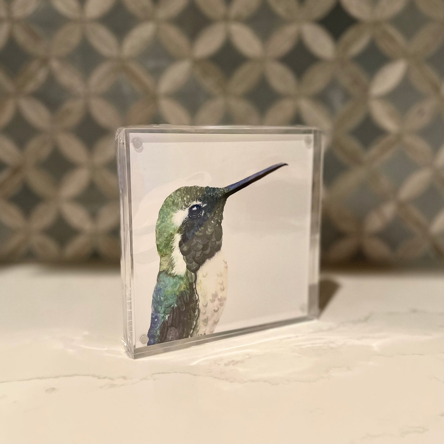 Emerald Hummingbird Watercolor Art in Acrylic Block Frame – 5x5 Fine Art Print