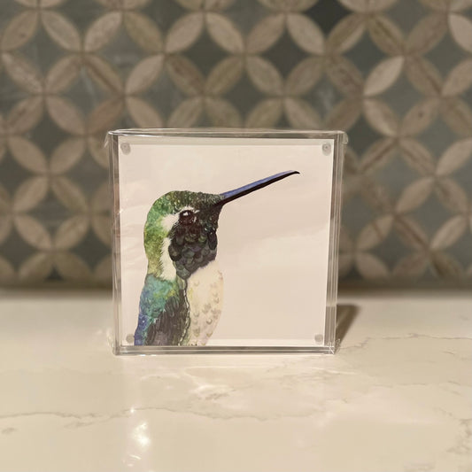 Emerald Hummingbird Watercolor Art in Acrylic Block Frame – 5x5 Fine Art Print