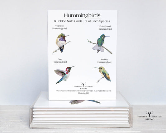 Hummingbirds Notecards Set – 8 Blank Greeting Cards with Envelopes – Watercolor Hummingbird Illustrations