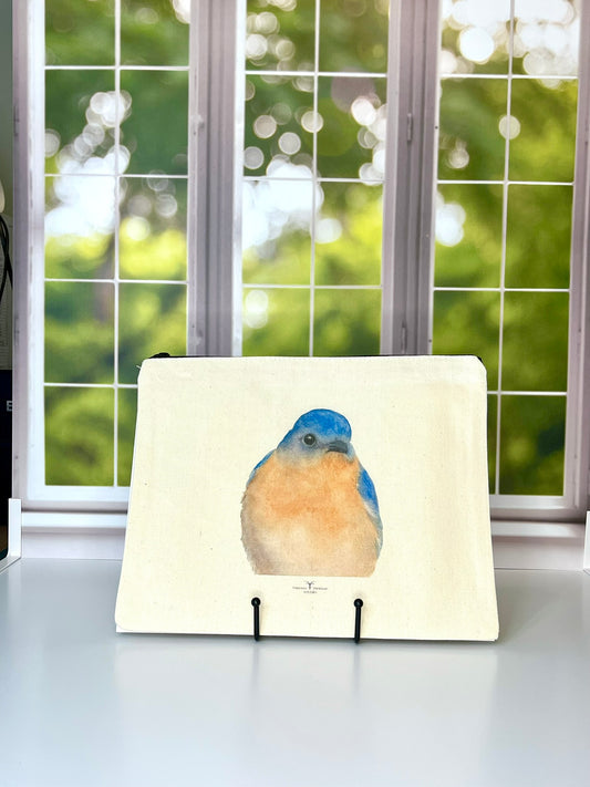 Bluebird Canvas Travel Pouch – Zippered Bag with Bluebird Art | Small or Large Size