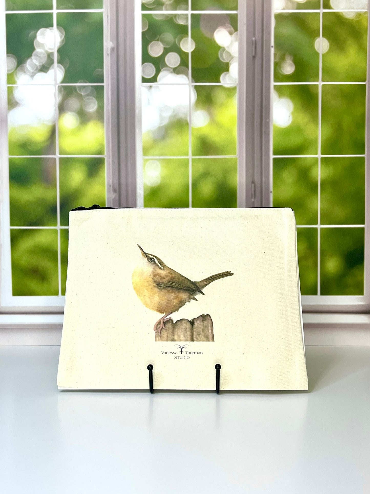 Carolina Wren Canvas Zipper Pouch – Travel Bag Inspired by Watercolor Art by Vanessa Thorman