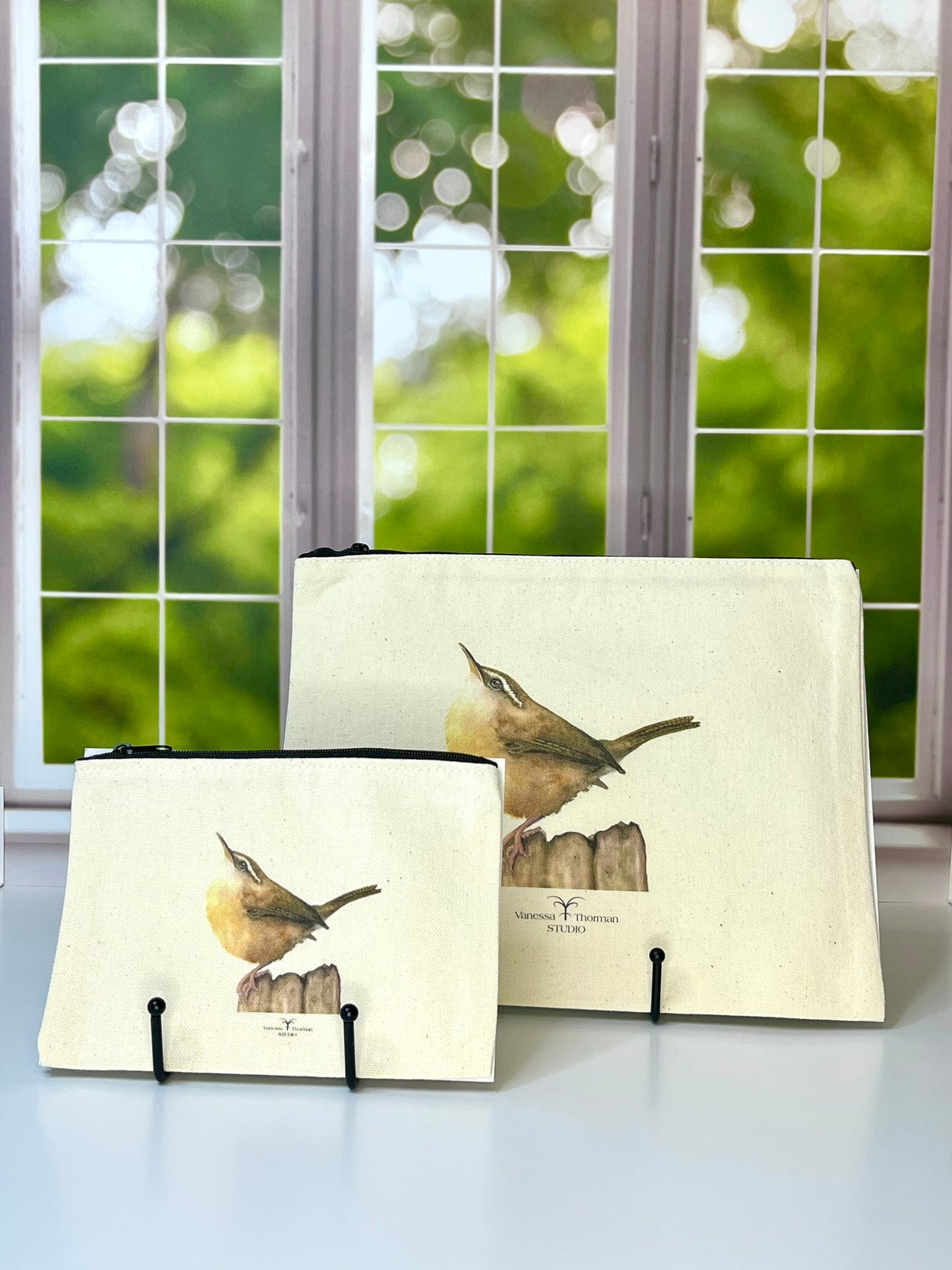 Carolina Wren Canvas Zipper Pouch – Travel Bag Inspired by Watercolor Art by Vanessa Thorman
