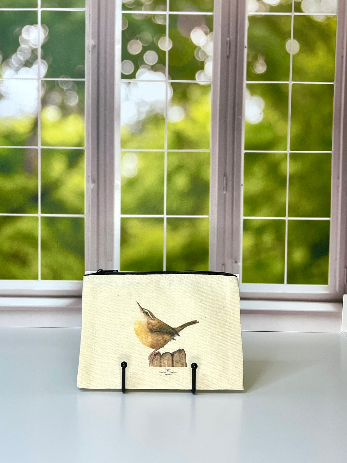 Carolina Wren Canvas Zipper Pouch – Travel Bag Inspired by Watercolor Art by Vanessa Thorman