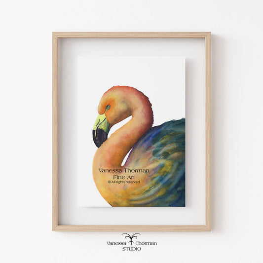 Framed artwork of a flamingo with a white background