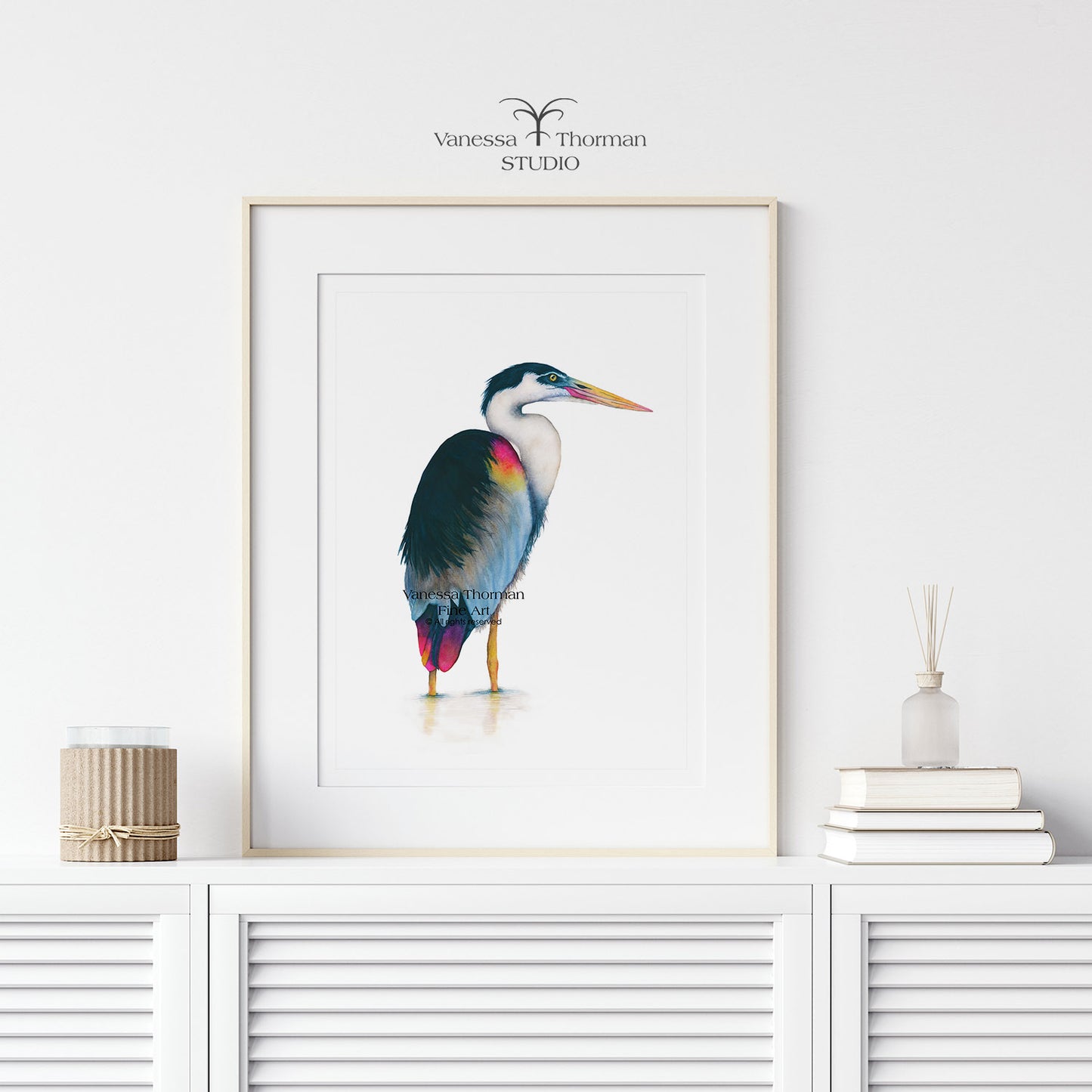 Sky Heron Watercolor Art Print | Coastal Bird Art