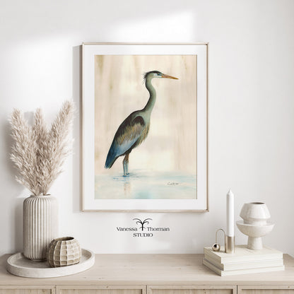 Marsh Heron (Green) Watercolor Art Print – Coastal Bird Art - Fine Art Giclée