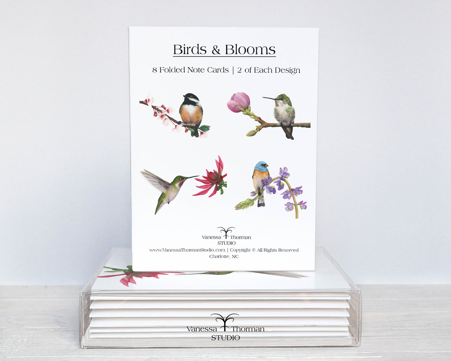 Birds & Blooms Notecard Set – 8 Blank Folded Cards with Envelopes | A2 Size