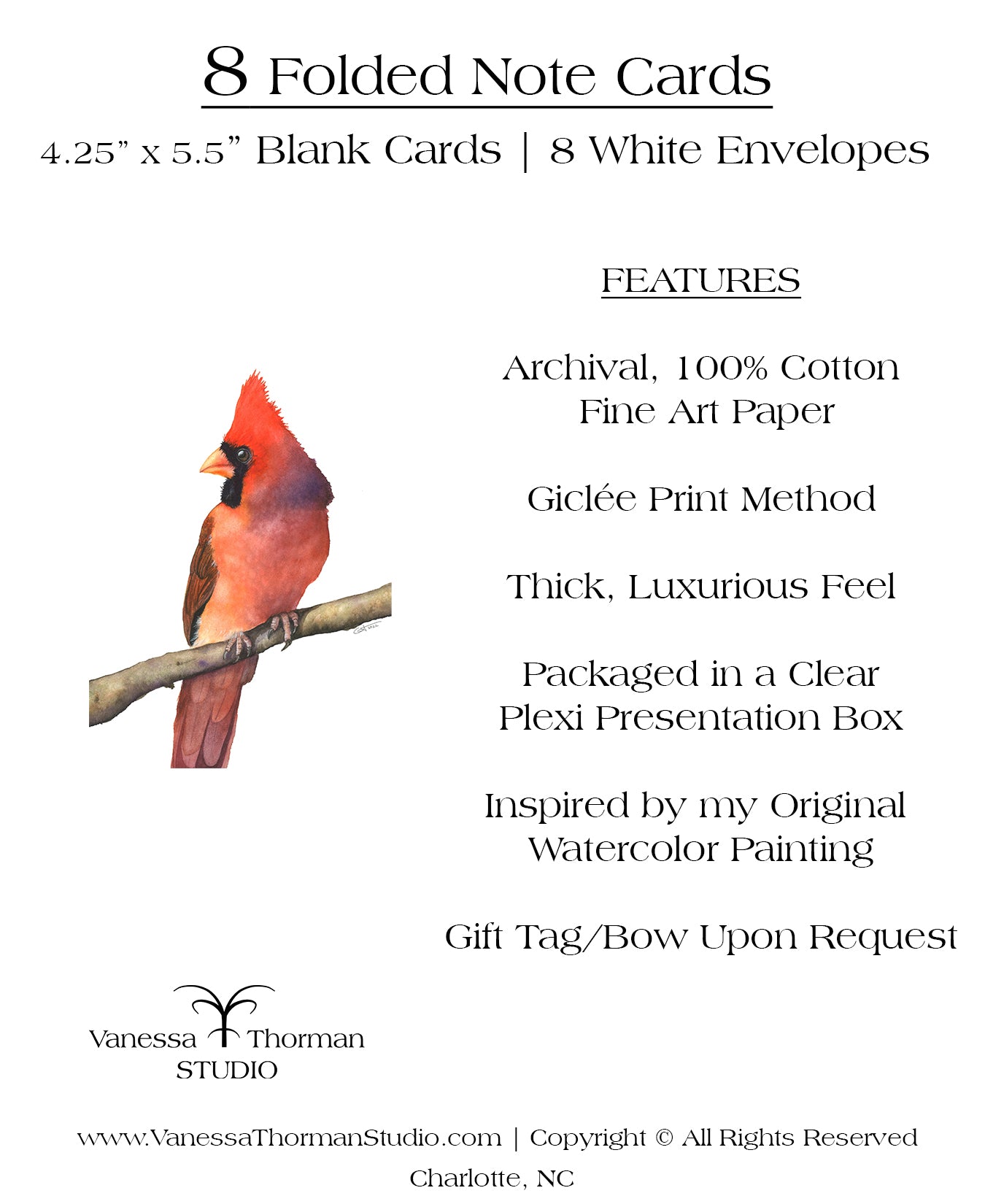 Cardinal I - Pack of 8 Bird Note Cards