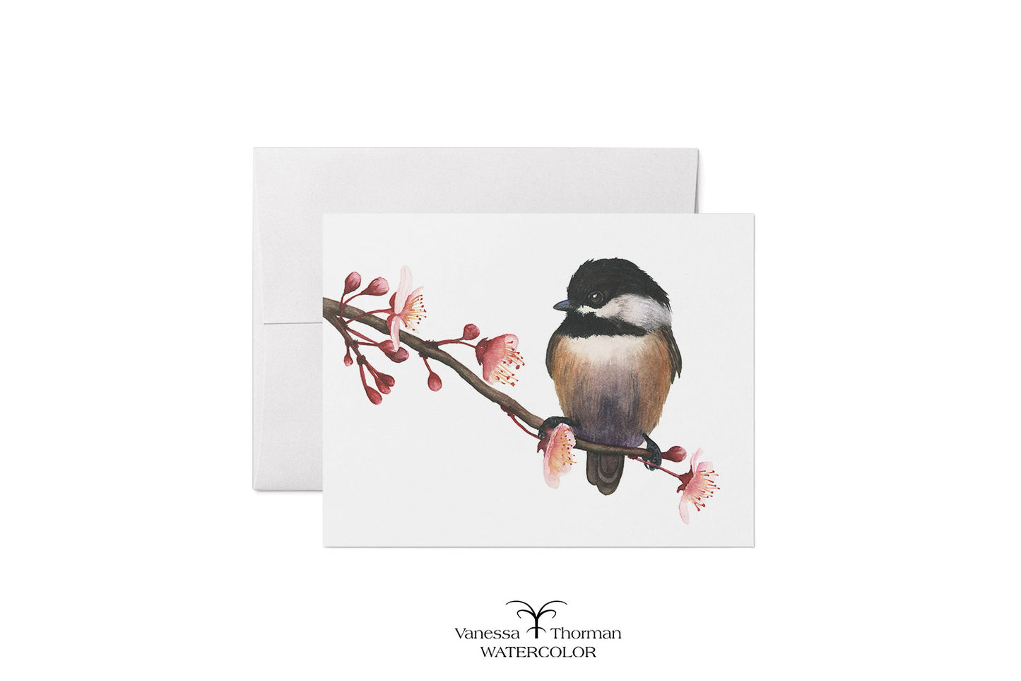 Spring Chickadee Notecard Set – 8 Blank Folded Cards with Envelopes | A2 Size