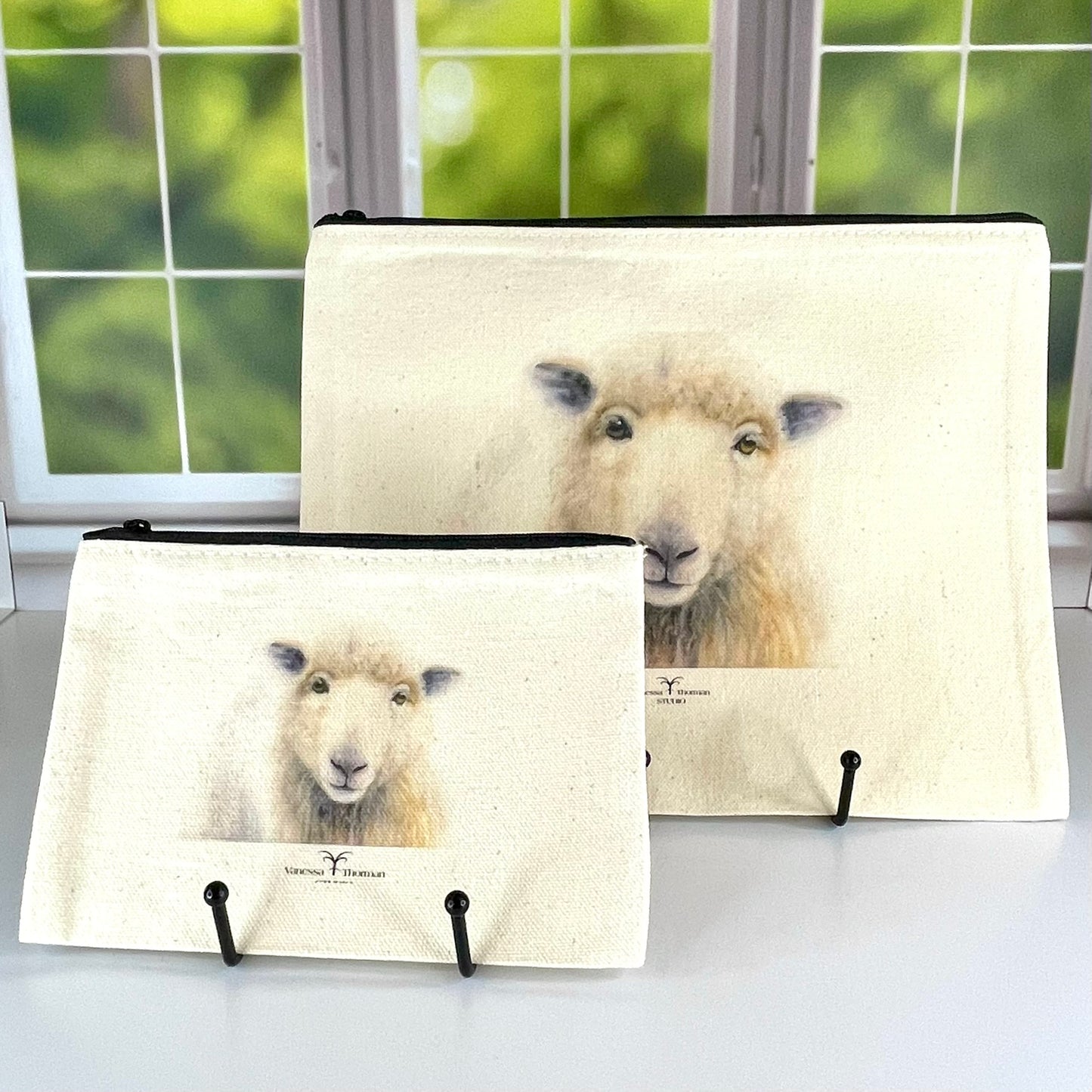 Sheep Canvas Travel Pouch – Zippered Bag with Watercolor Sheep Art | Small or Large Size