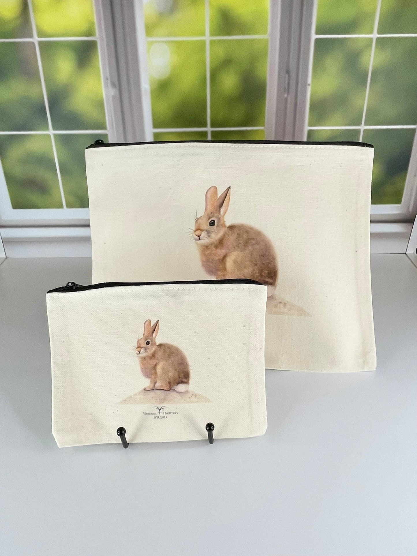 Bunny Canvas Travel Pouch – Zippered Bag with Watercolor Bunny Art | Small or Large Size