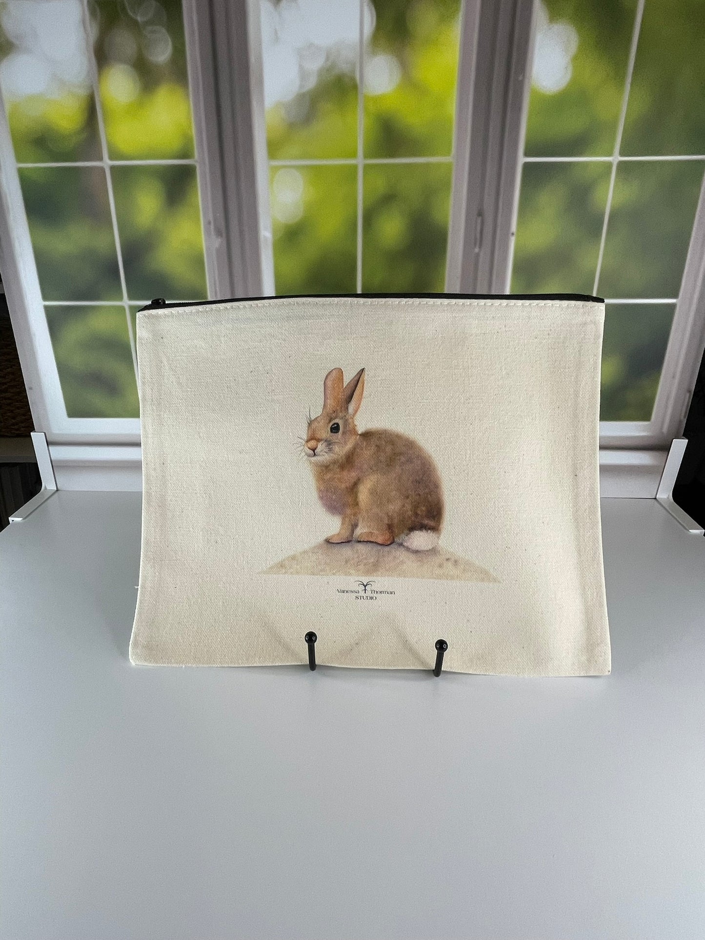 Bunny Canvas Travel Pouch – Zippered Bag with Watercolor Bunny Art | Small or Large Size