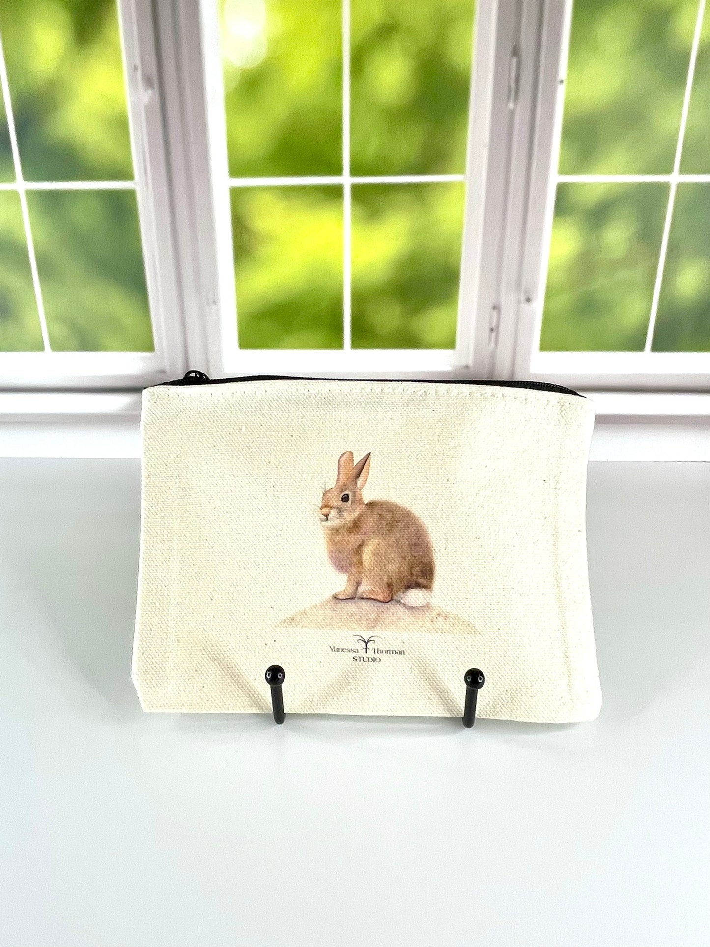 Bunny Canvas Travel Pouch – Zippered Bag with Watercolor Bunny Art | Small or Large Size