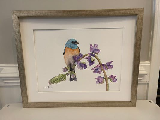 BUNTING IN BLOOM | Lazuli Bunting Art | Original Watercolor Painting