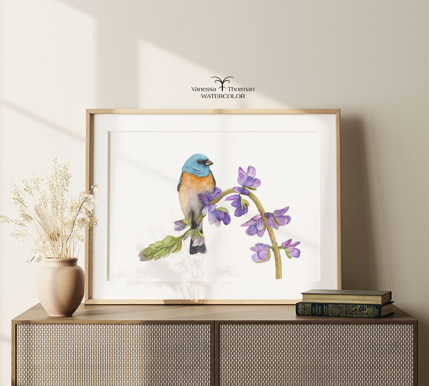 Bunting in Bloom | Lazuli Bunting Watercolor Art Print | Bird Art Giclée