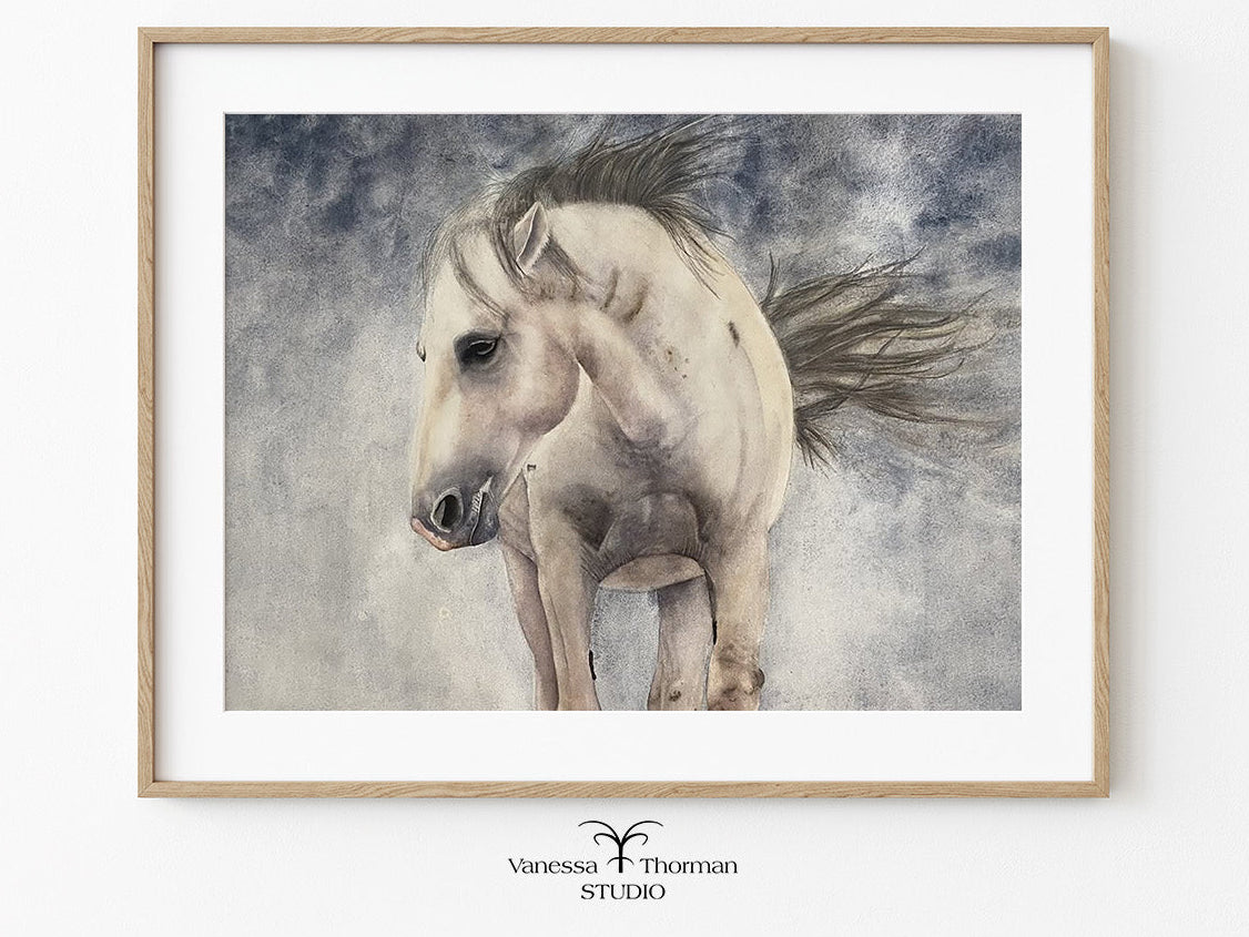 Framed artwork of a horse on a white background