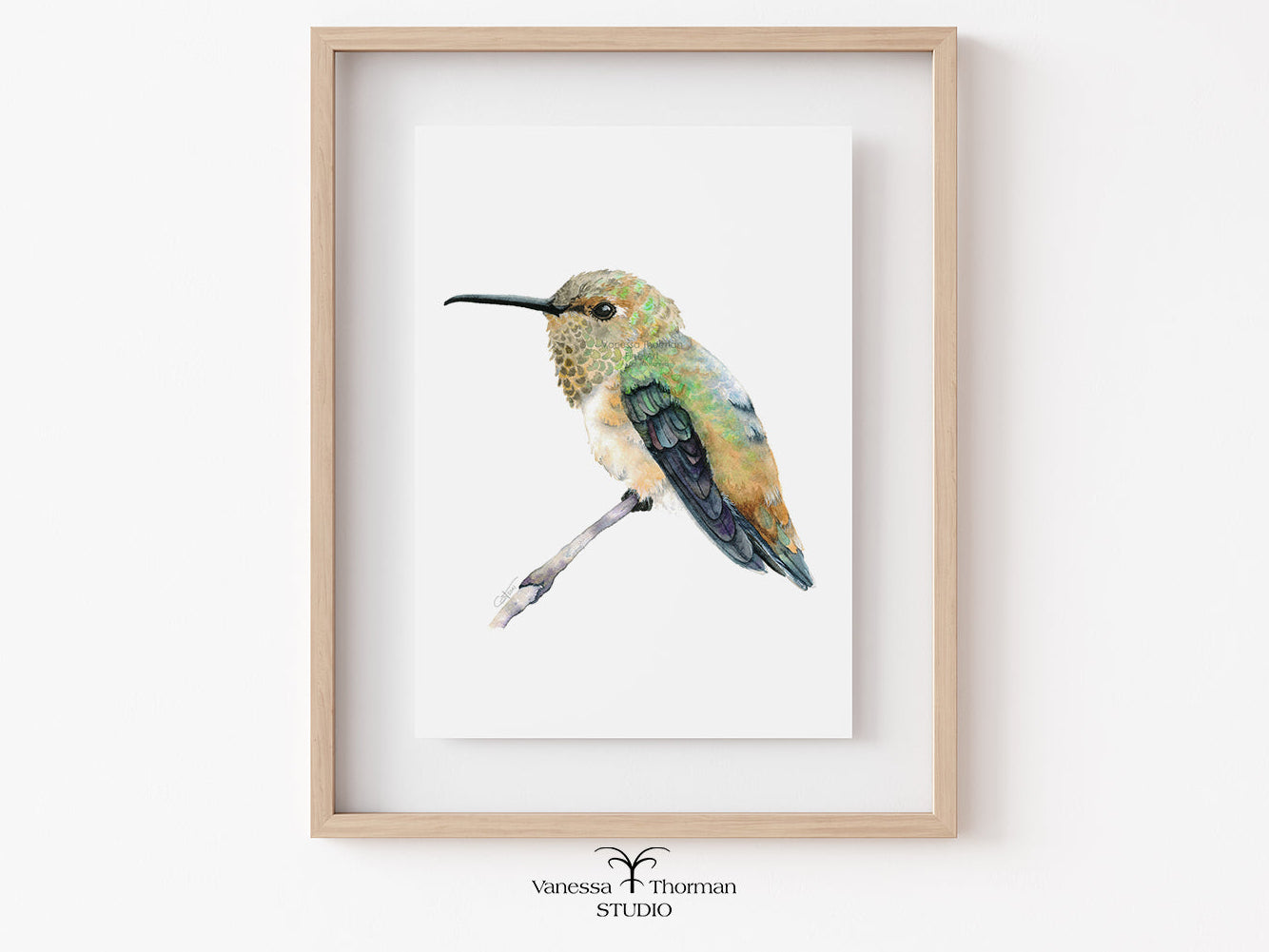 Framed artwork of a hummingbird on a white background