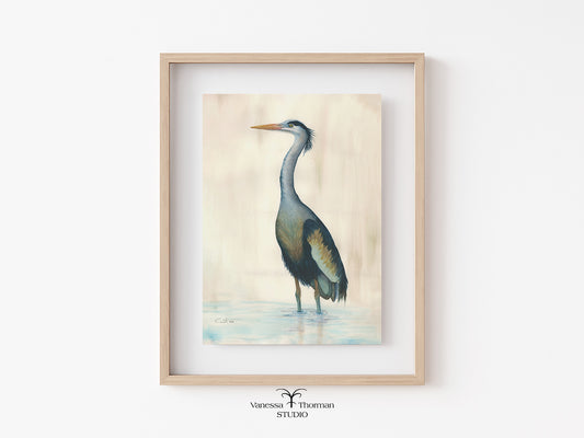 Framed artwork of a heron on a light background