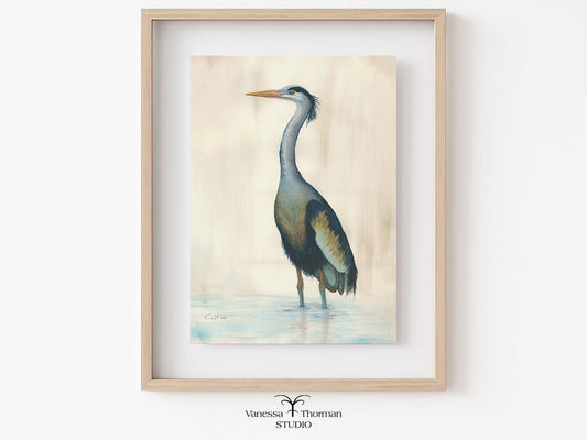 Framed artwork of a heron on a light background