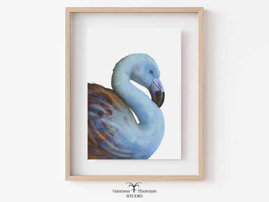 Framed artwork of a blue flamingo on a white wall