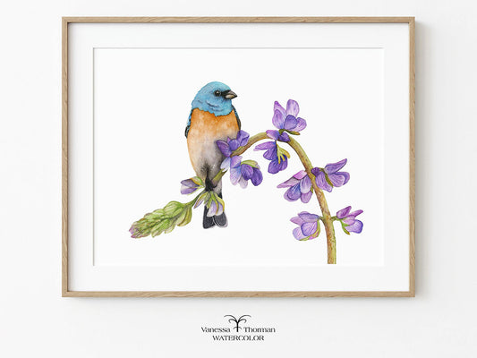 Framed artwork of a Luzuli Bunting bird perched on a branch with flowers on a white background