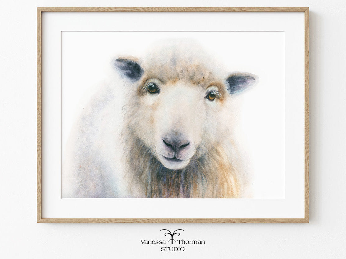 Framed artwork of a sheep on a white background