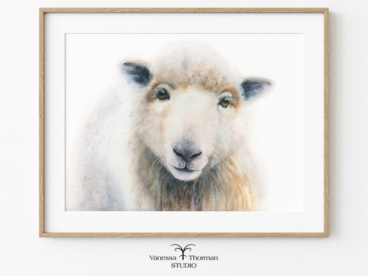 Framed artwork of a sheep on a white background