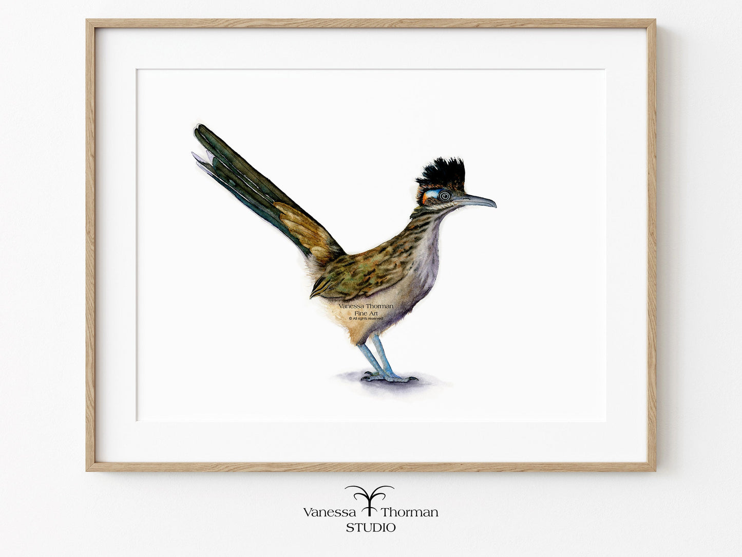 Framed artwork of a roadrunner on a white background