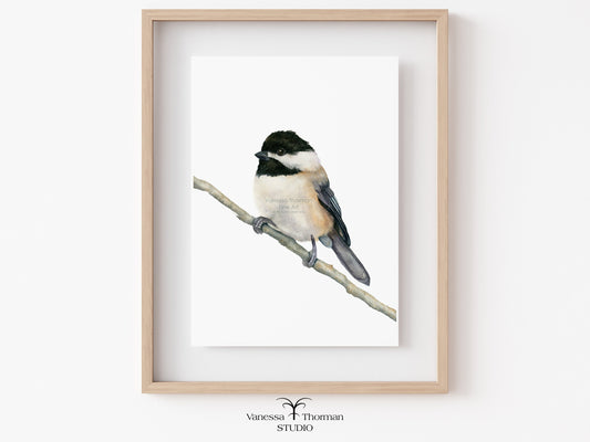Framed artwork of a chickadee bird on a branch 