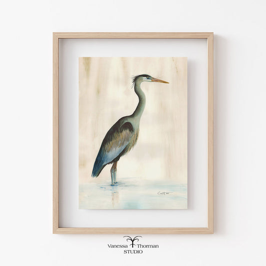 Framed artwork of a heron on a light background