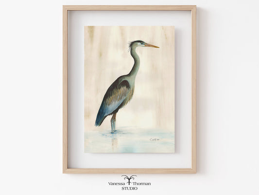Framed artwork of a heron on a light background
