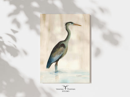 Marsh Heron (Green) Watercolor Art Print – Coastal Bird Art - Fine Art Giclée