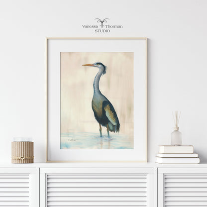 Marsh Heron (Blue) Watercolor Art Print – Coastal Bird Art - Fine Art Giclée