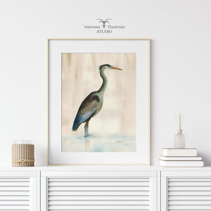 Marsh Heron (Green) Watercolor Art Print – Coastal Bird Art - Fine Art Giclée