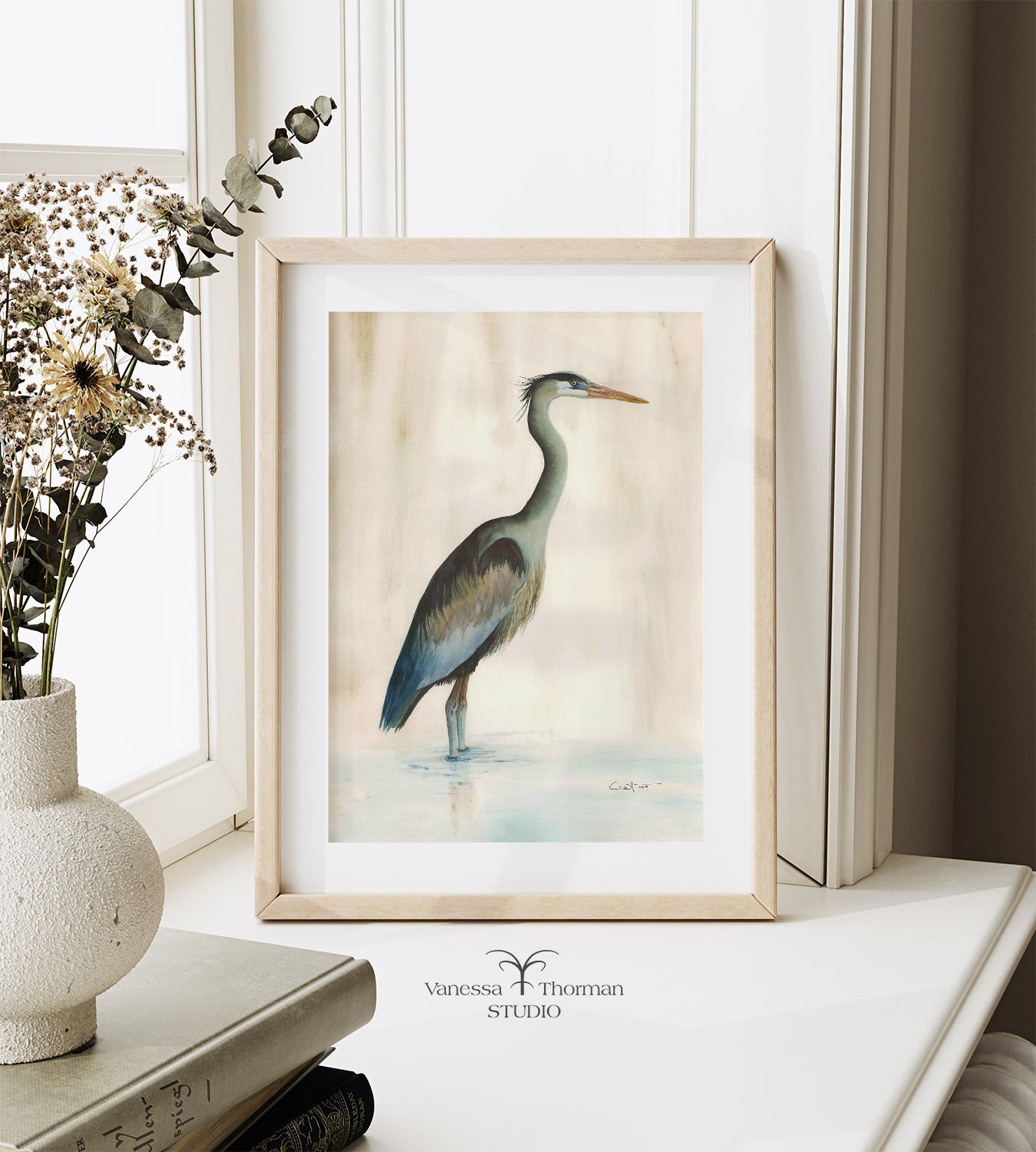 Marsh Heron in Green | Heron Watercolor Art Print | Bird Art Giclée