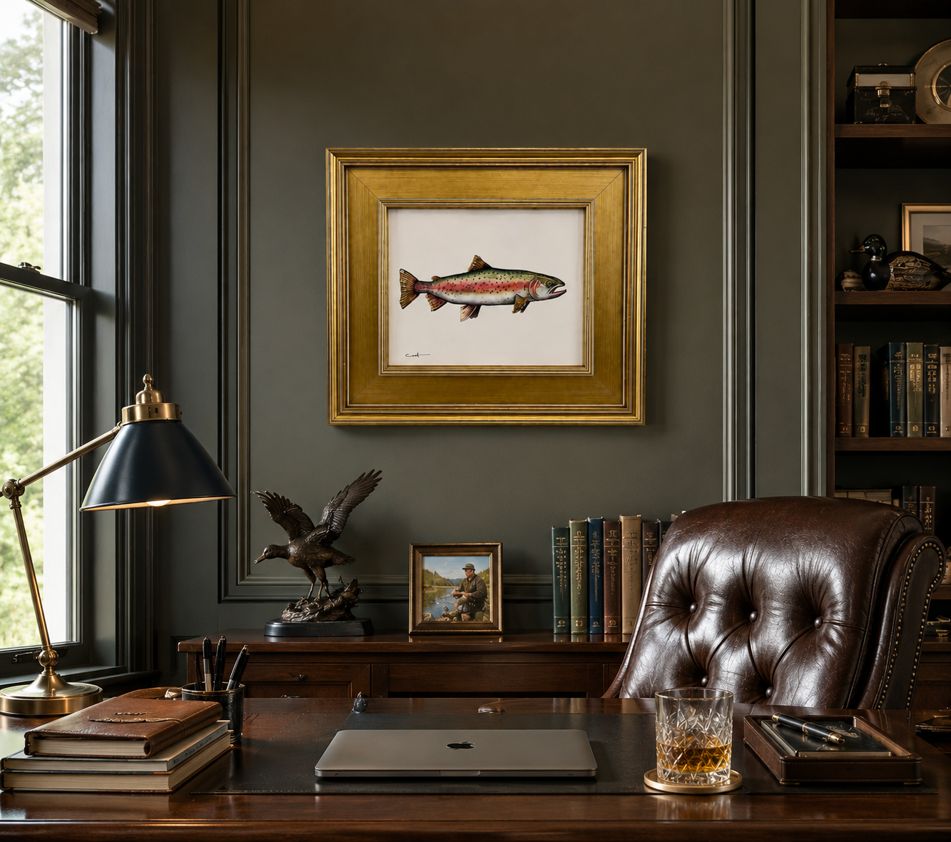 Home office with a desk, lamp, books, and framed picture of a fish on a wall.