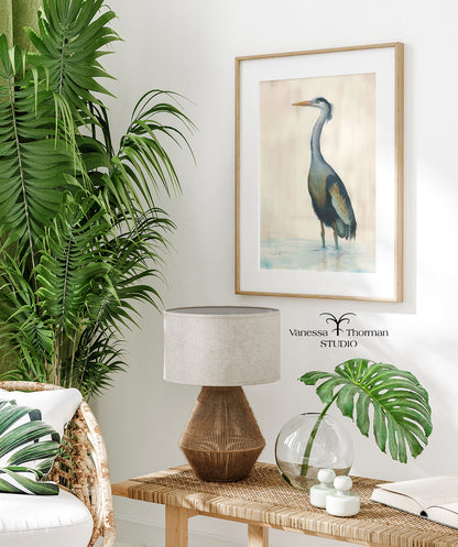 Marsh Heron (Blue) Watercolor Art Print – Coastal Bird Art - Fine Art Giclée
