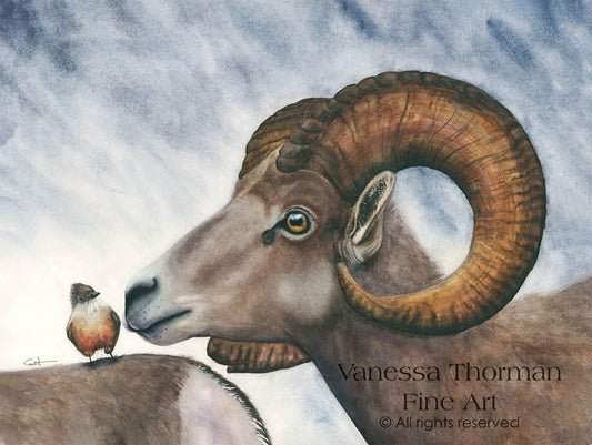 SMALL TALK | Bighorn Sheep & Say's Phoebe Bird | American Wildlife Original Watercolor Painting