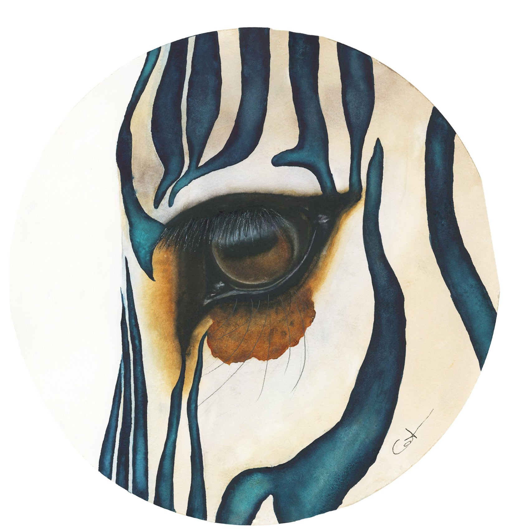 Watercolor painting of a zebra eye with blue-green stripes on a white background