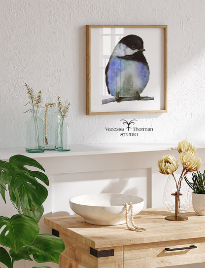 Warhol Chickadee in Blue – Bold Chickadee Portrait – Pop Art-Inspired Watercolor Fine Art Print